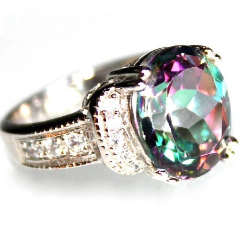 Ladies Stunning 925 Sterling Silver Mystic Topaz Cubic Zirconia Oval Ring Size 6